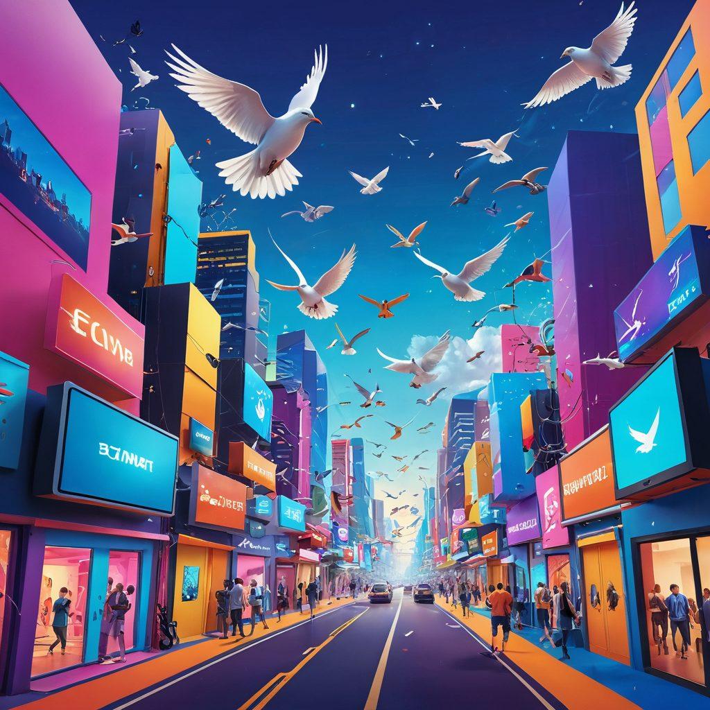 A vibrant digital landscape representing a vast open internet, where diverse individuals joyfully breaking chains labeled 'Restrictions' while surfing the web on colorful, futuristic devices. The scene is filled with bright, uplifting colors and floating icons of freedom like doves and open doors, symbolizing total freedom. A serene sky above contrasts with a busy cyber-city backdrop. super-realistic. vibrant colors. 3D.