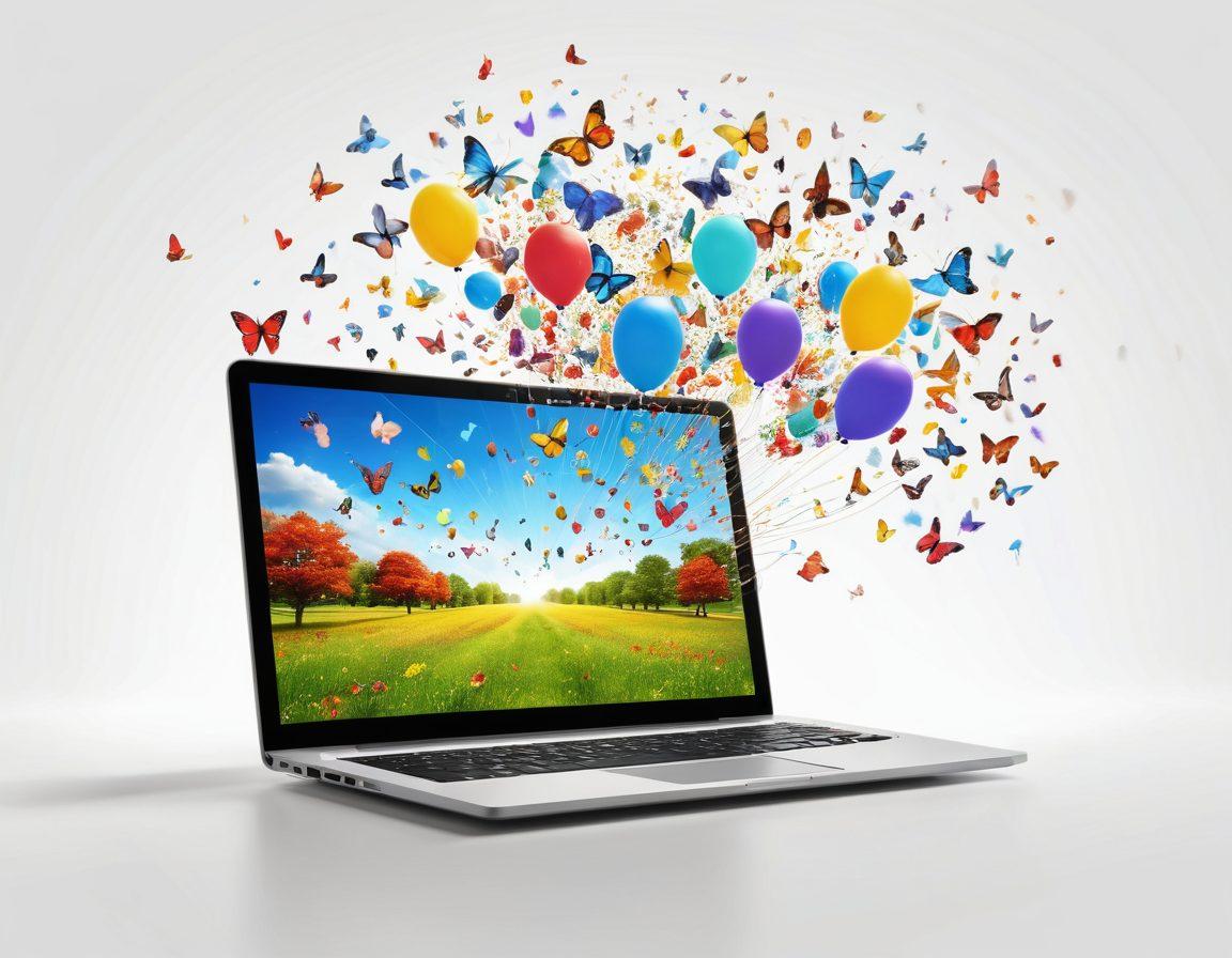 A person joyfully using a laptop in a bright, open space, surrounded by symbols of freedom like butterflies, open doors, and balloons. The screen displays digital locks being broken, with vibrant colors radiating from the device, representing a joyful online experience. Include elements like a sunny day and greenery to symbolize liberation and peace. super-realistic. vibrant colors. white background.