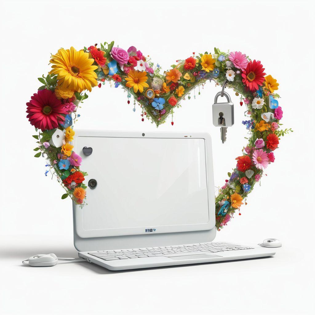A serene digital landscape featuring a bright key unlocking a computer screen adorned with various icons representing barriers like chains and locks, surrounded by vibrant, uplifting imagery such as blooming flowers and floating hearts, symbolizing joy and freedom in online experiences. super-realistic. vibrant colors. white background.
